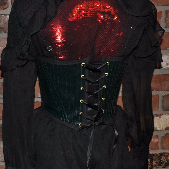 Back & Front Lace-up Corset Belt Dark Shiny Green Faux Leather W/ Boning XS - Picture 4 of 9